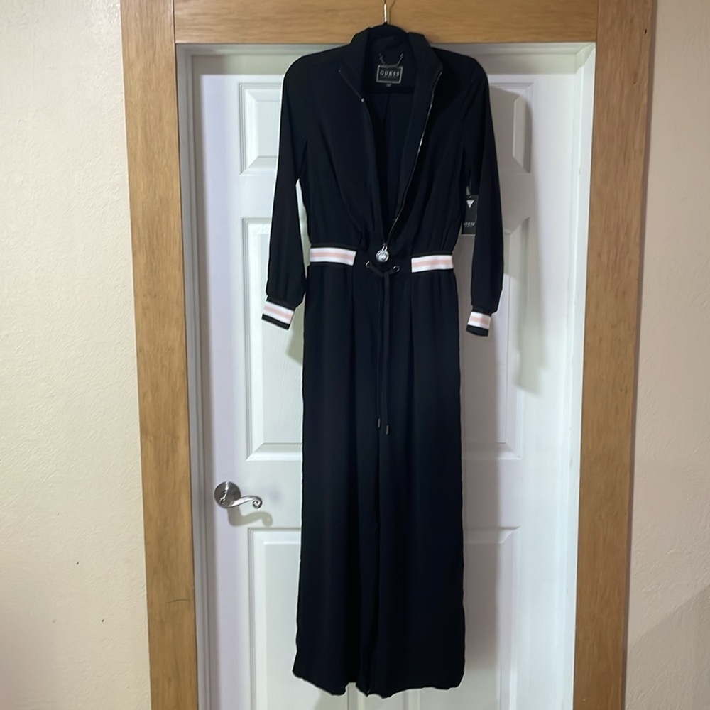 Guess Jumpsuit XS Black Zip Front Wide Leg Long Sleeve Stripe Trim Athleisure - Picture 5 of 16